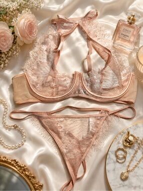 Lace Sheer Bralette & Thong Set — Blush